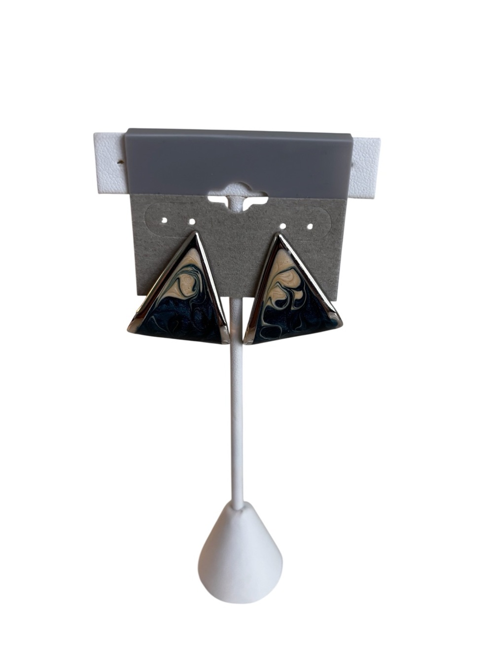 Vintage Triangle Drop Glossy, Marbled Studs in Navy Blue & Creme.